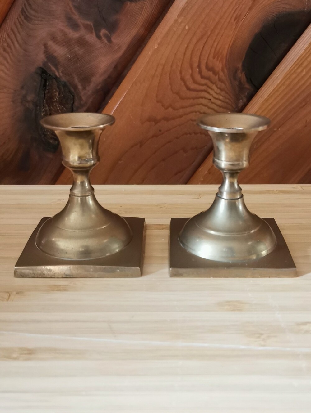 Pair of Small Vintage Brass Candle Holders With Square Base